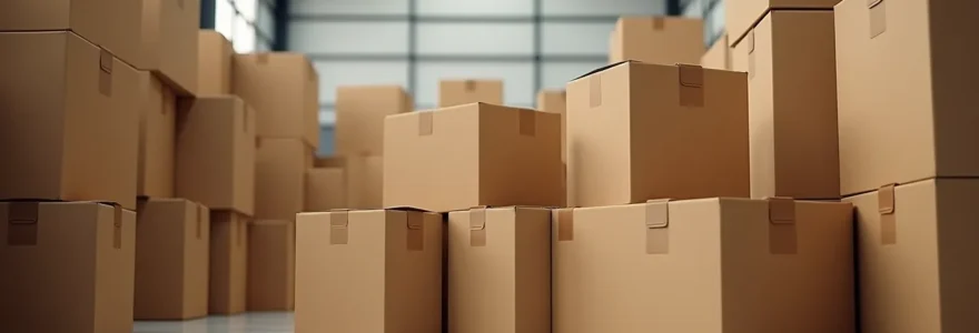 Empilement de caisses en carton ondulé lors d'une opération logistique en entrepôt