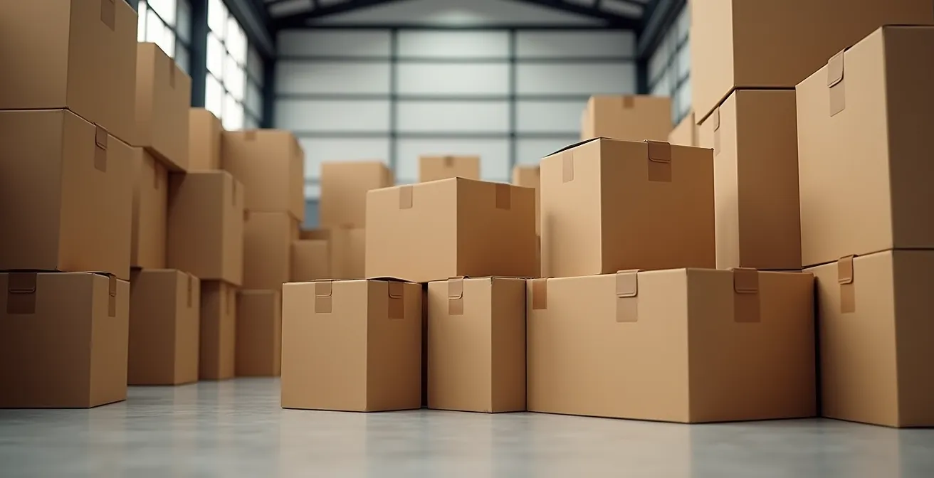 Empilement de caisses en carton ondulé lors d'une opération logistique en entrepôt