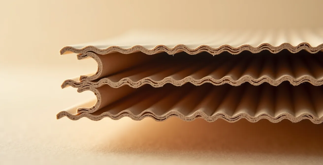 Vue en coupe transversale d'un carton double cannelure montrant les ondes et les papiers externes distincts