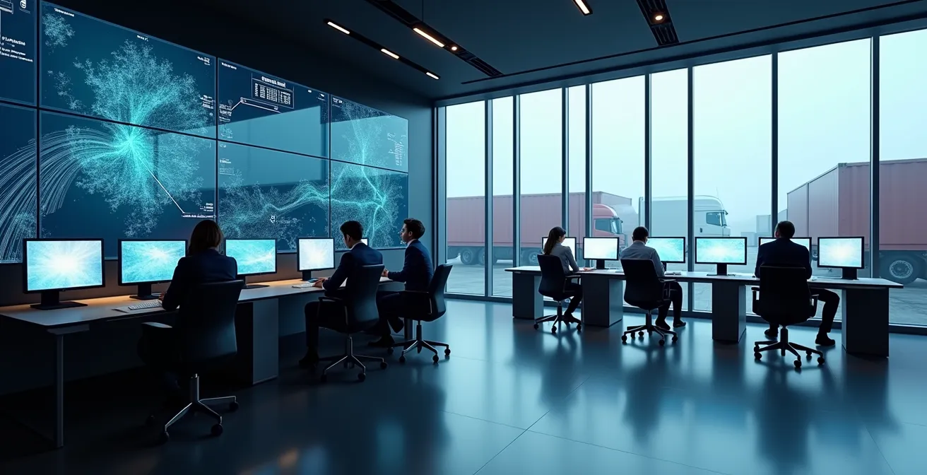 Vue grand-angle d'une salle de contrôle logistique avec écrans de surveillance, cartes interactives, et technologie de suivi équipement