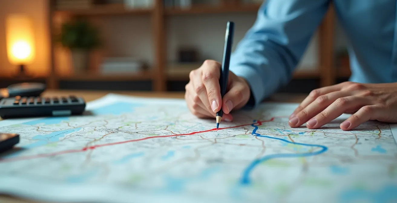 Gros plan sur une carte interactive affichant les trajets optimisés d'une tournée de concert avec marqueurs géographiques et lignes d'itinéraires