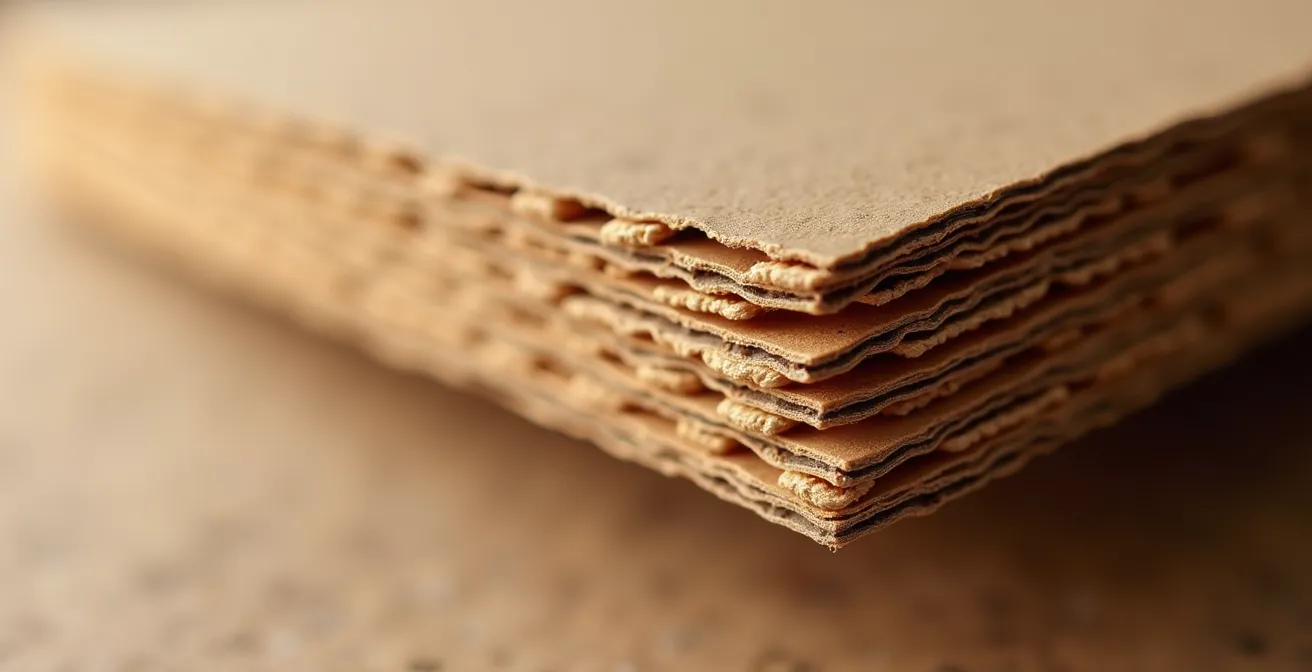 Détail en macro d'une structure de carton ondulé avec ses couches de papier kraft et cannelures, mettant en évidence la texture et les fibres