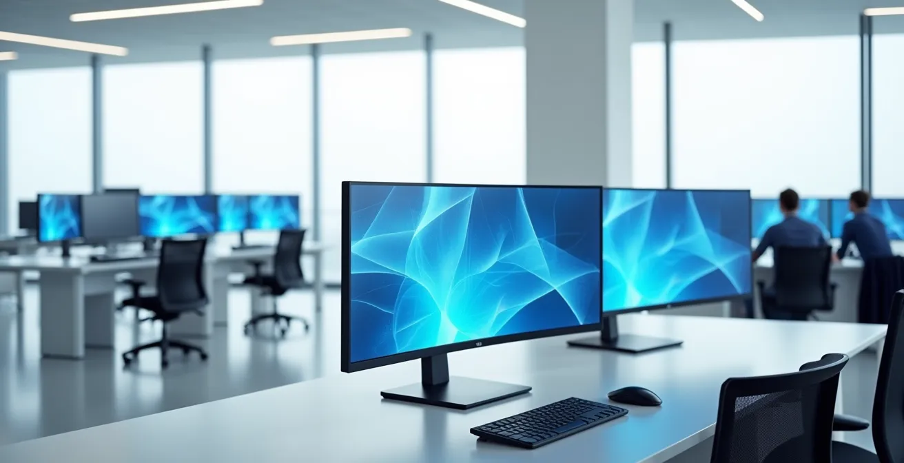 Centre de contrôle moderne avec écrans multiples affichant des données de flotte