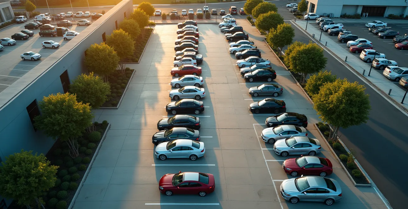 Vue aérienne montrant trois parkings de tailles différentes avec véhicules alignés sous lumière dorée