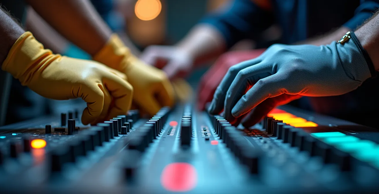 Vue macro des mains d'équipes techniques travaillant en synchronisation sur une console