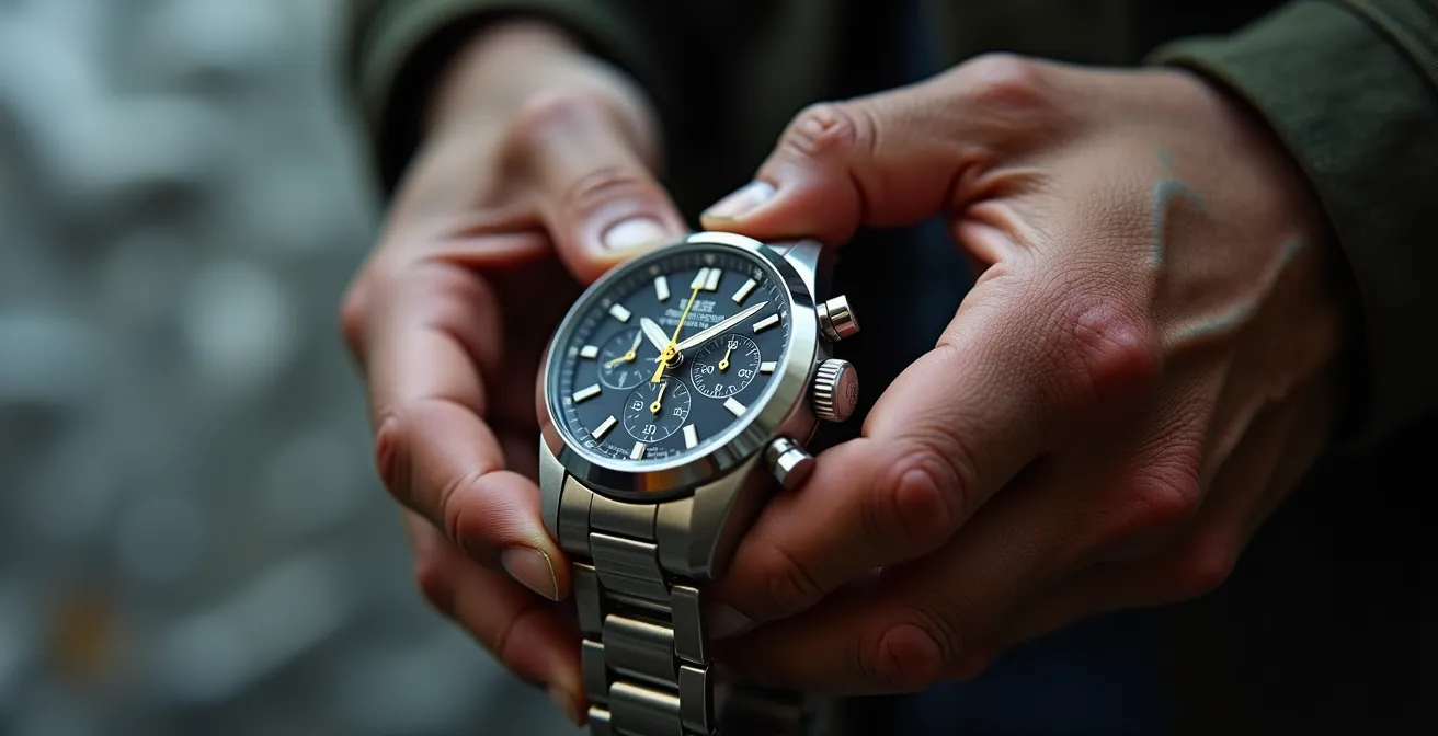 Gros plan sur les mains d'un technicien consultant sa montre pendant le déchargement de matériel scénique