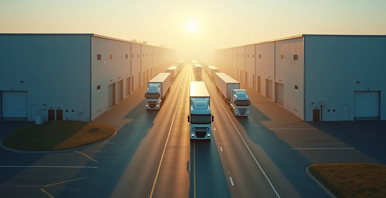 Vue environnementale d'un convoi de camions sur une route secondaire en zone industrielle