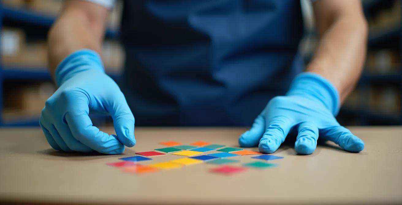 Mains appliquant méthodiquement des formes géométriques colorées sur une surface