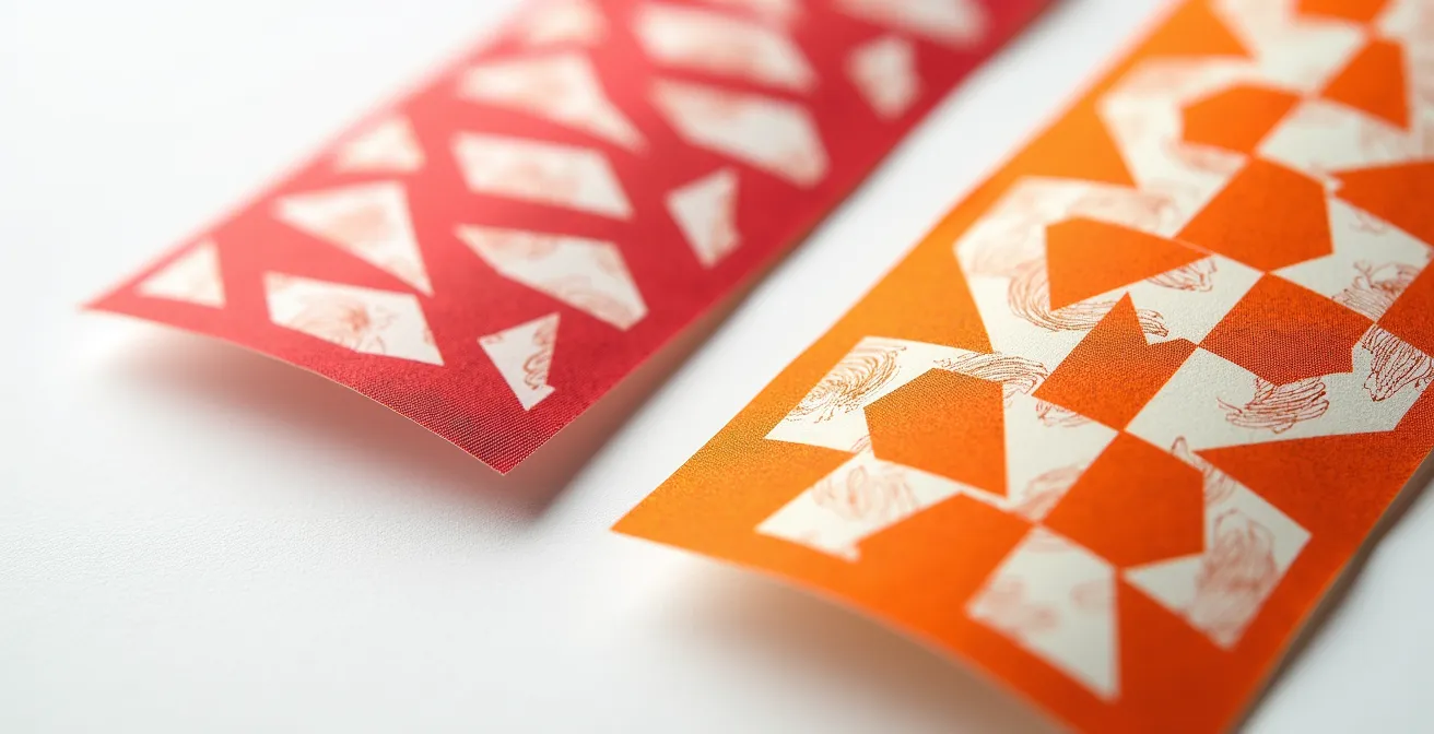 Comparaison côte à côte d'étiquettes avec motifs géométriques colorés