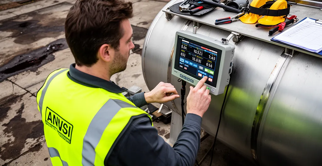 Technicien en gilet haute visibilité consultant écran de jaugeage sur cuve