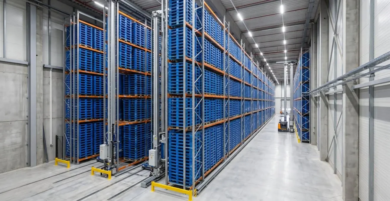 Entrepôt logistique moderne avec système de stockage automatisé et palettes plastique uniformes dans les rayonnages, éclairage LED industriel