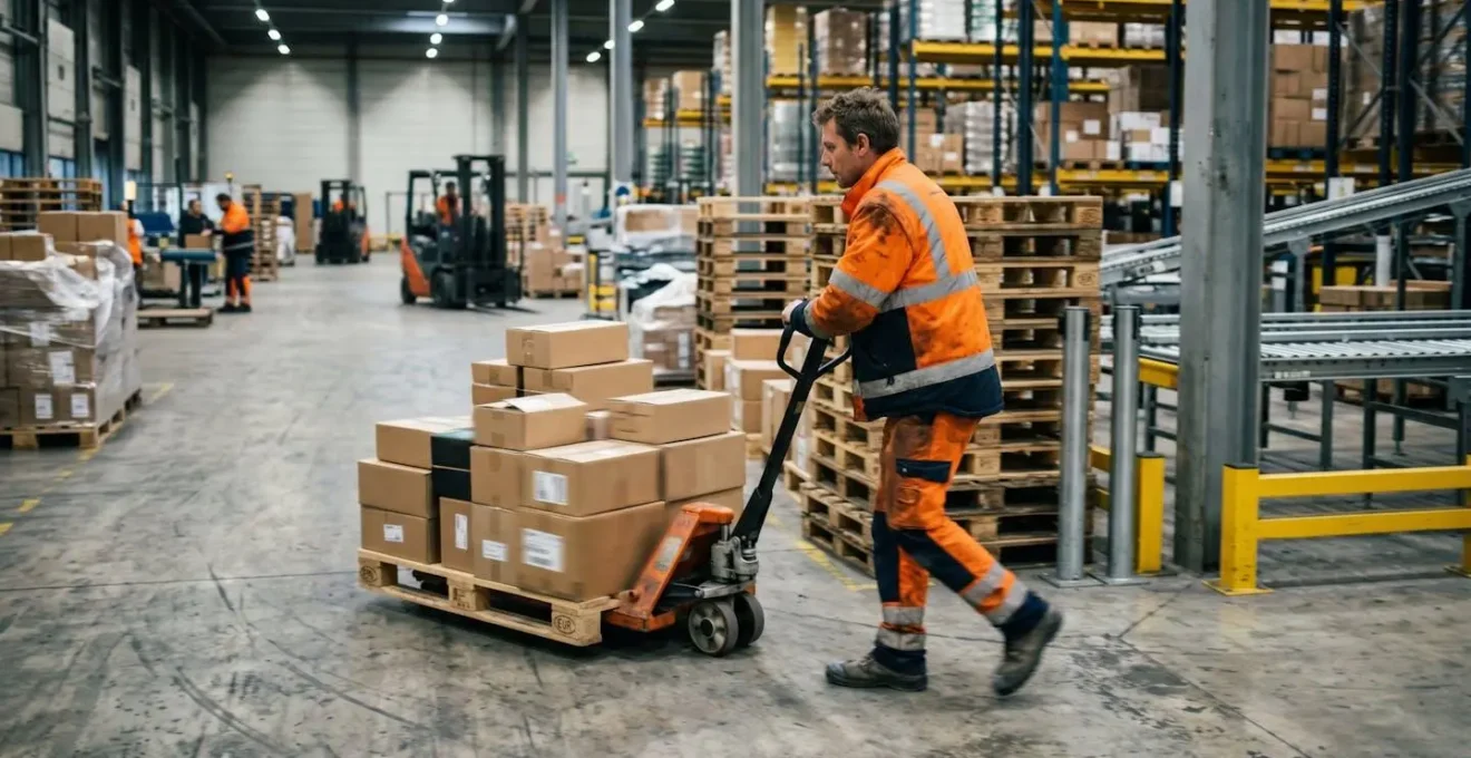 Opérateur logistique utilisant un transpalette avec palettes standardisées dans un entrepôt, scène de manutention professionnelle