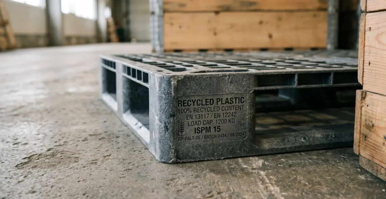Palette plastique recyclé en détail montrant la qualité du matériau PEHD et les marquages de certification sur sol d'entrepôt