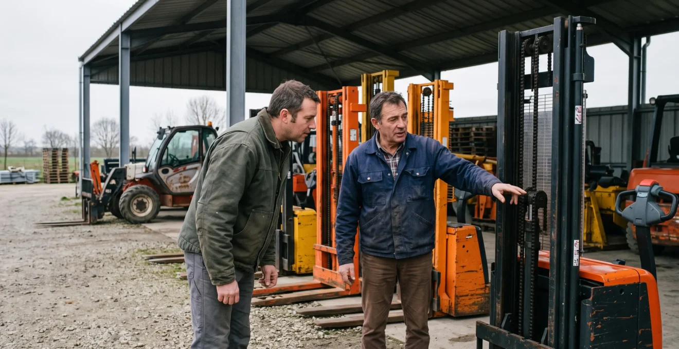 Un acheteur et un vendeur discutent devant des gerbeurs de palettes d'occasion dans une cour de négoce de matériel industriel.