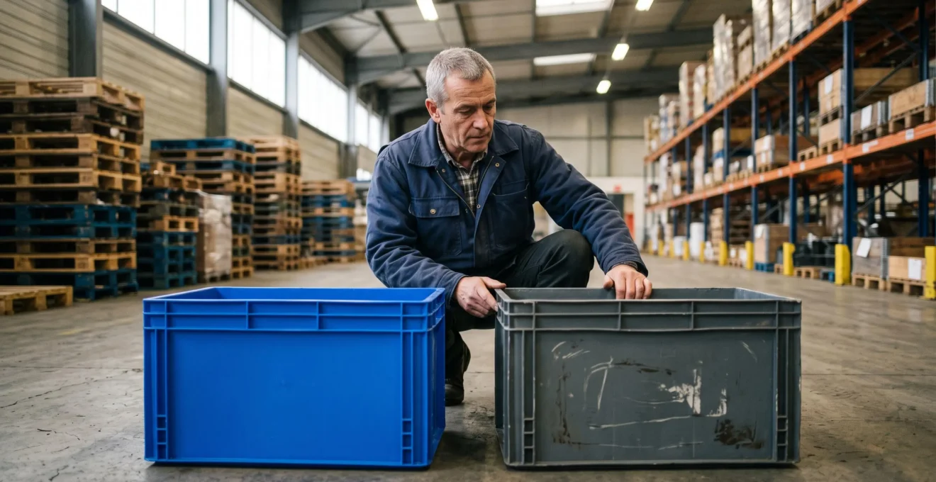 Un acheteur accroupi compare un bac plastique neuf bleu et un bac d'occasion gris dans un entrepôt.