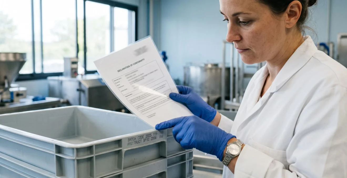 Une contrôleuse en blouse d'hygiène vérifie la conformité d'un bac plastique alimentaire avec un document en main.