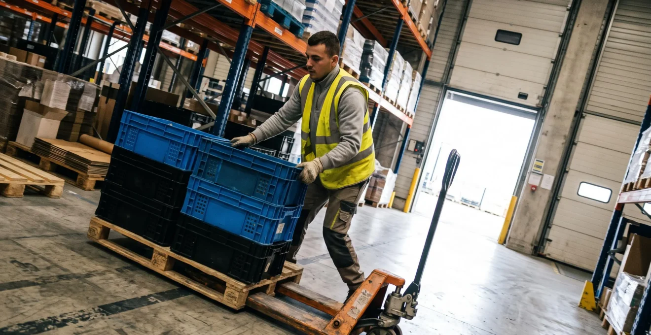 Un opérateur en gilet haute visibilité manipule une pile de bacs plastique sur un transpalette dans un entrepôt.