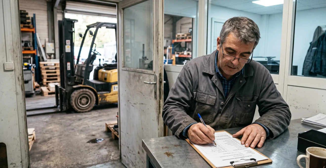 Un responsable logistique complète une grille de contrôle d'inspection imprimée sur une table métallique, un chariot d'occasion visible à l'atelier derrière lui.