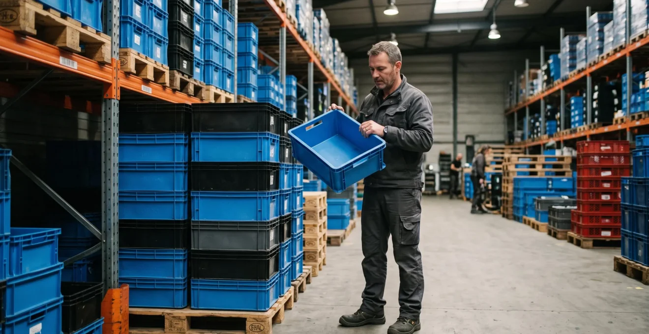 Un spécialiste inspecte un bac plastique alimentaire au milieu de piles de contenants dans un entrepôt de distribution.