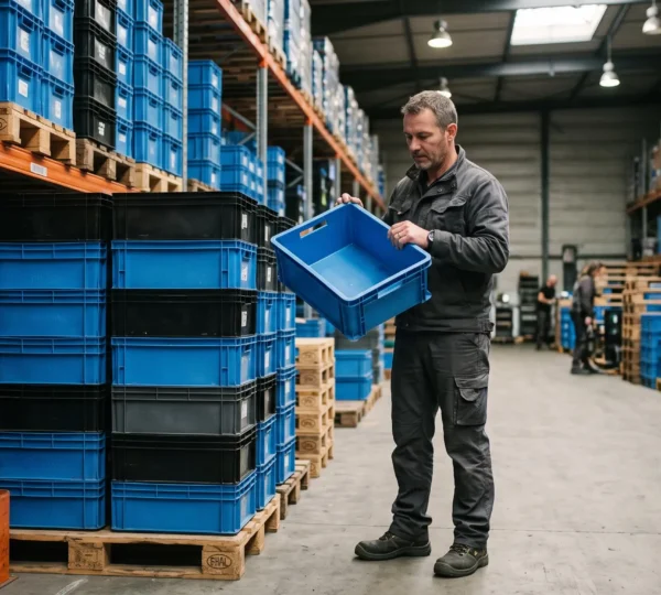 Un spécialiste inspecte un bac plastique alimentaire au milieu de piles de contenants dans un entrepôt de distribution.