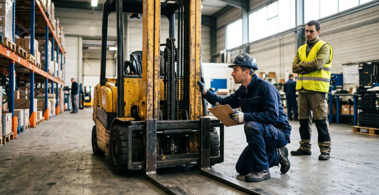 Un technicien inspecte un chariot élévateur d'occasion dans un entrepôt industriel, mât abaissé, tandis qu'un collègue observe la vérification.