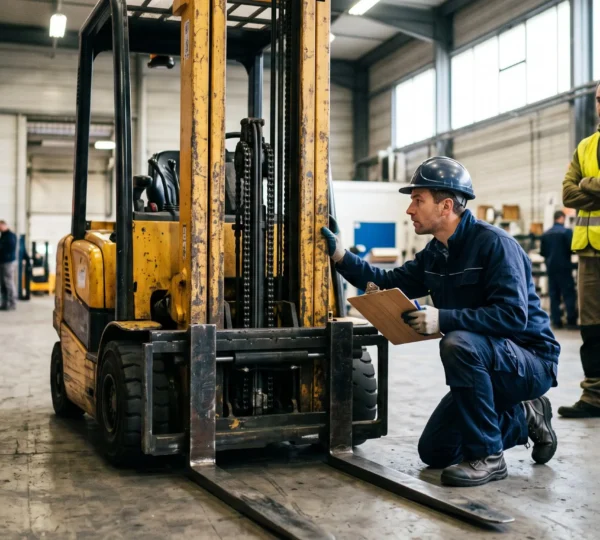 Un technicien inspecte un chariot élévateur d'occasion dans un entrepôt industriel, mât abaissé, tandis qu'un collègue observe la vérification.